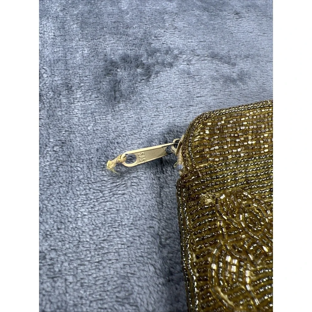 Vintage Handbag Sequence Gold Zip Purse Makeup 80s Retro Floral Seed‎ Bead Glam